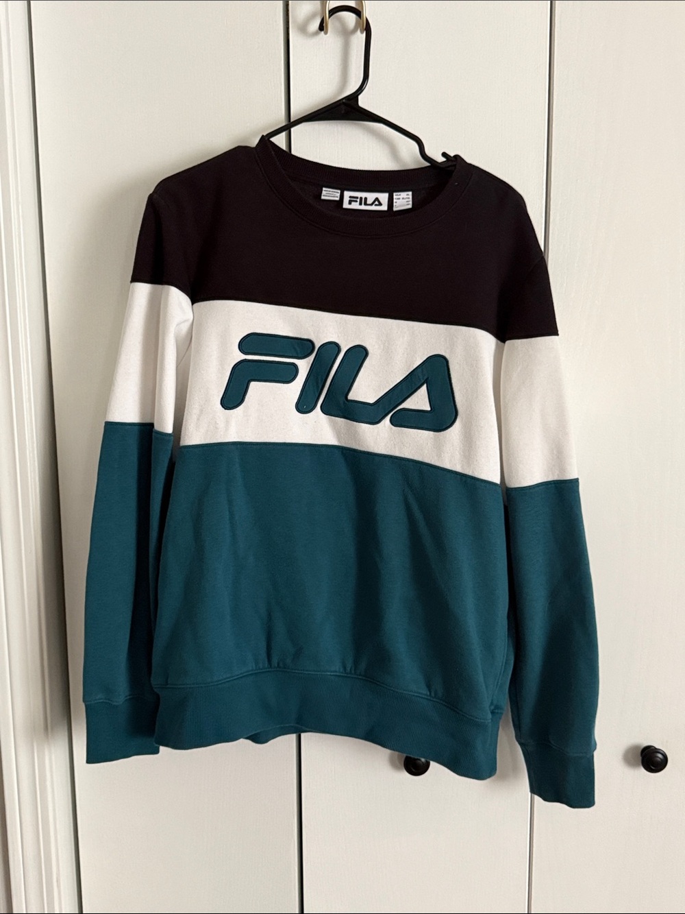 Fila Colorblock Crewneck in Teal, Black & White Sz  XL